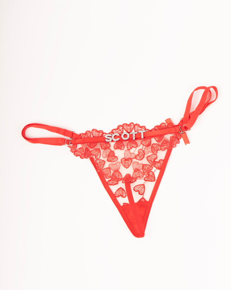 Custom Rhinestone Heart Lace Thong — Red · colour view