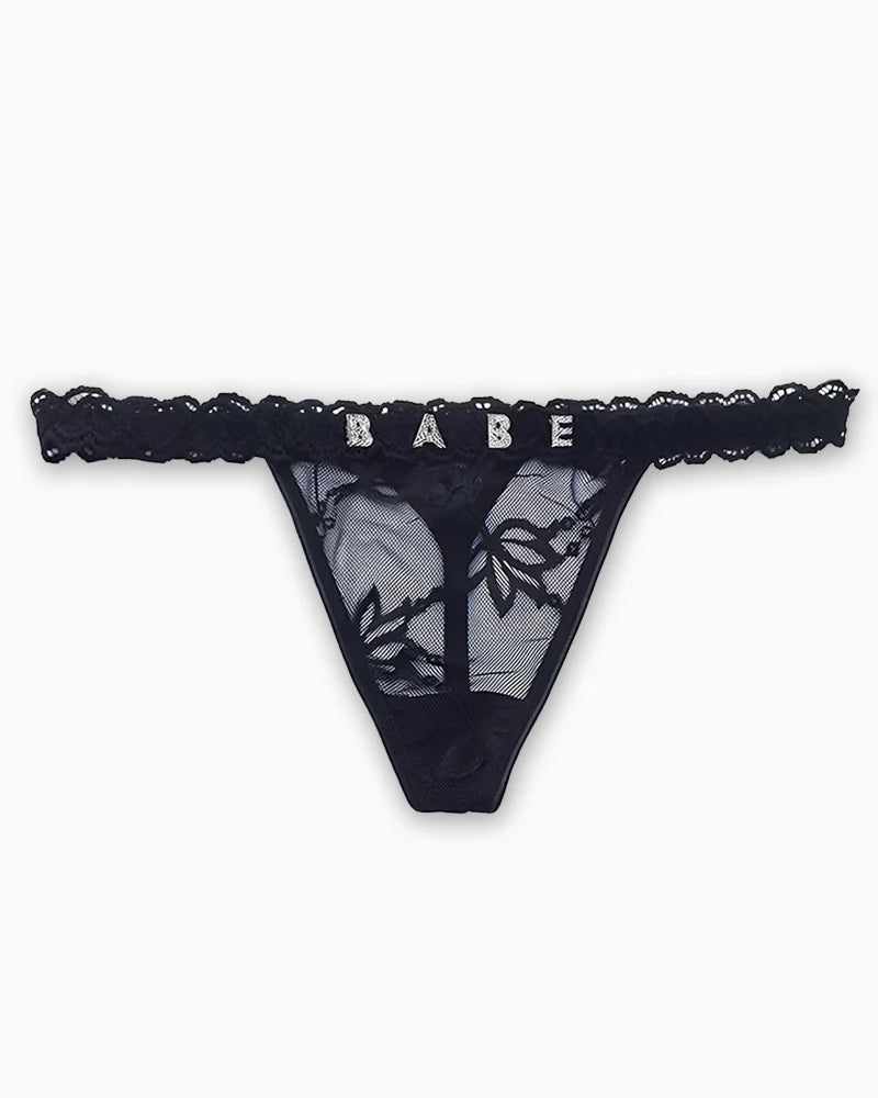Personalised black lace thong with custom rhinestone name lettering