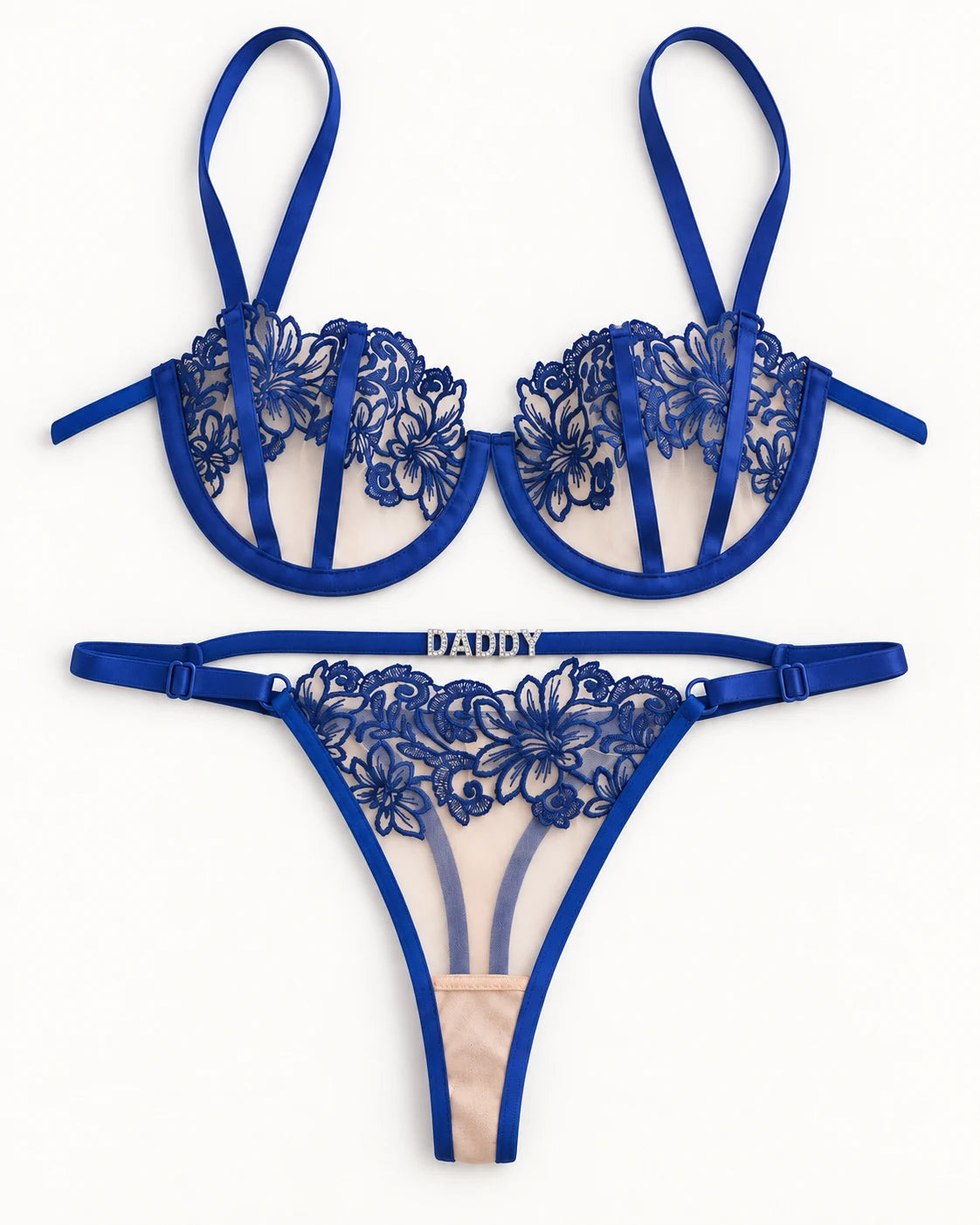 Azure Bloom blue lace set — personalised rear waistband flat-lay