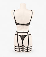 Custom Rhinestone Lace Lingerie suspender Set — Black · fit and detail view