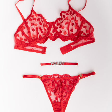 Custom Rhinestone Red Lace Lingerie Set