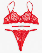 Custom Rhinestone Red Lace Lingerie Set — Red · fit and detail view