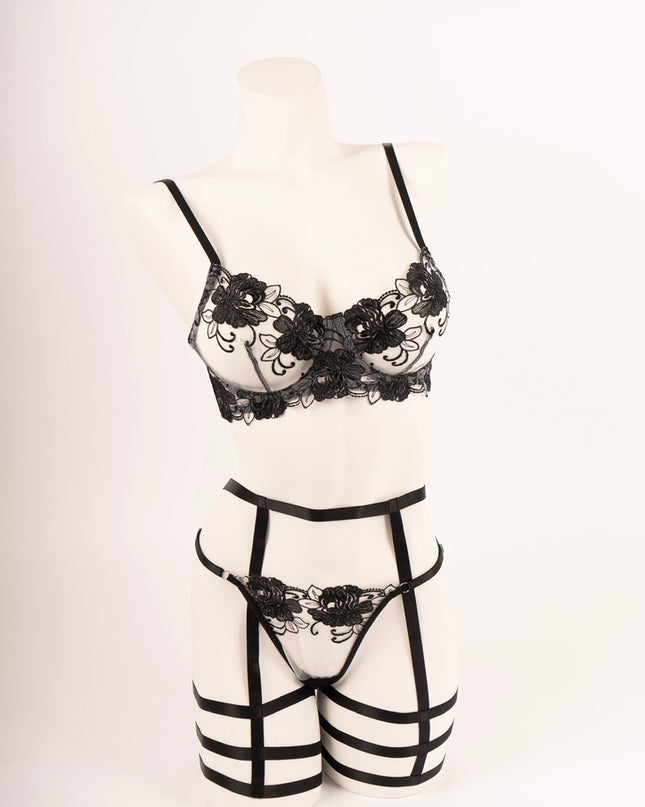 Custom Rhinestone Lace Lingerie suspender Set
