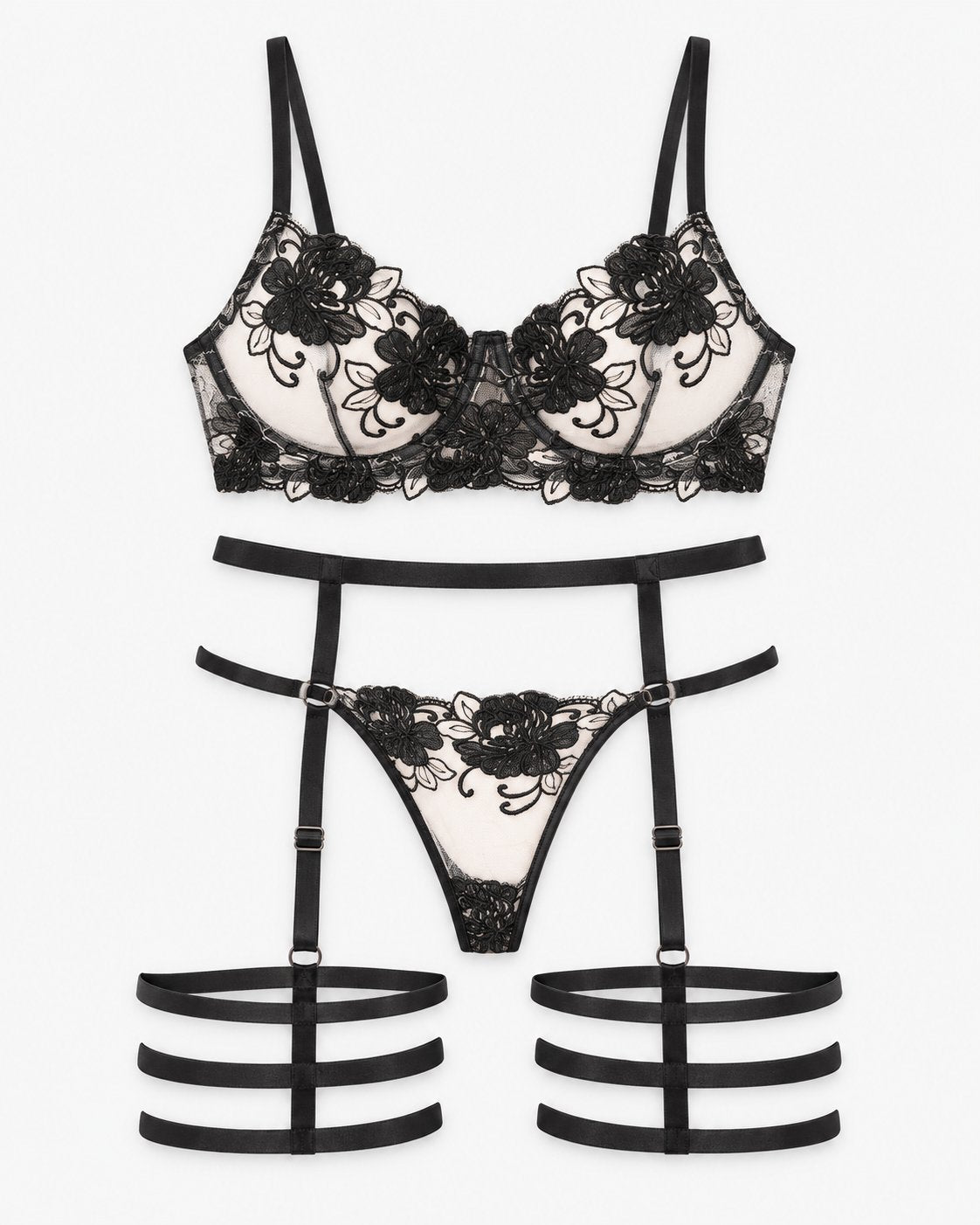 Custom Rhinestone Lace Lingerie suspender Set — Black · colour view