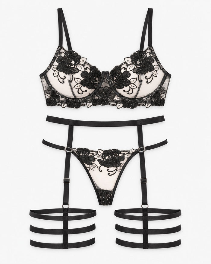 Custom Rhinestone Lace Lingerie suspender Set