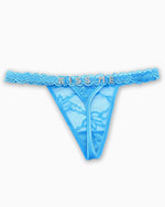 Personalised blue lace thong with custom name in rhinestone letters