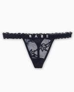 Personalised black lace thong with custom rhinestone name lettering