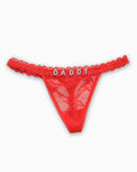 Personalised red lace thong with custom name in rhinestone letters