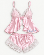 Personalised Bridal Cami & Shorts Set — Pink · blue embroidery example