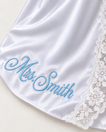 Personalised Bridal Satin Slip — White · Embroidery detail