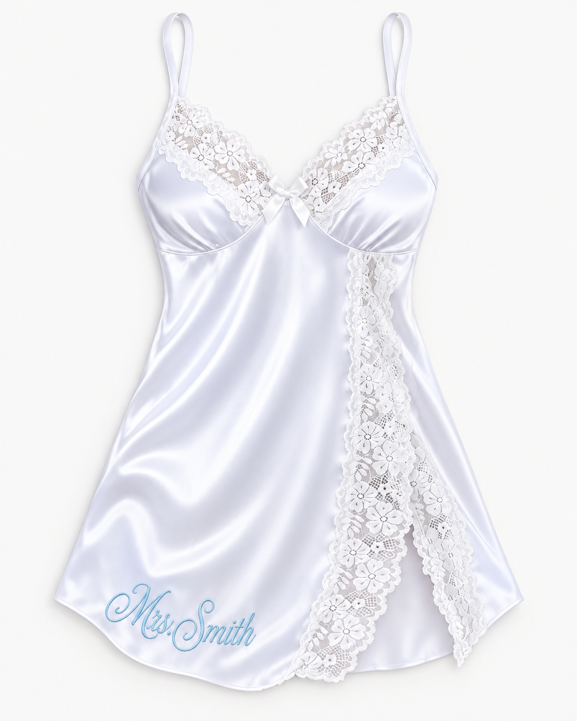 Personalised Bridal Satin Slip — White · Front · embroidery example