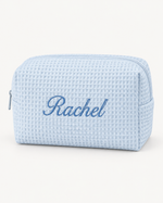 Personalised Waffle Cosmetic Bag — Blue · embroidery example
