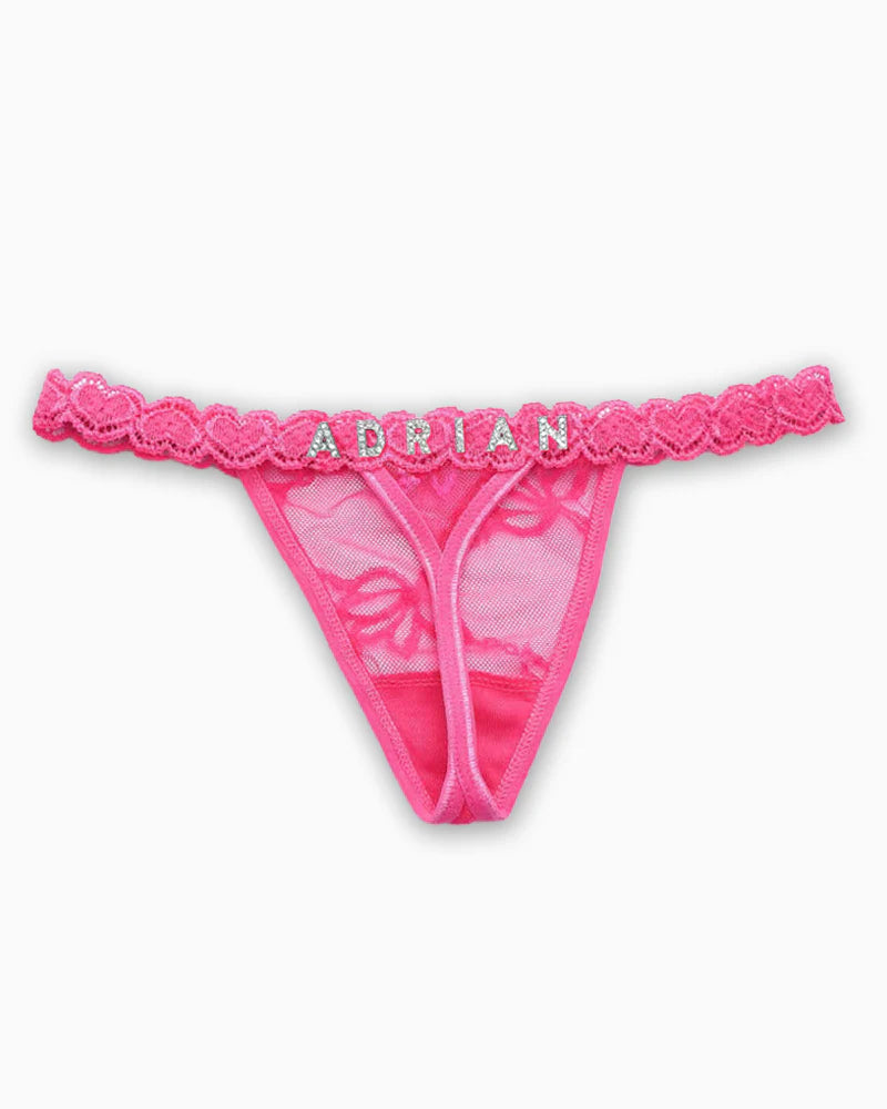Personalised pink lace thong with custom name in rhinestone letters