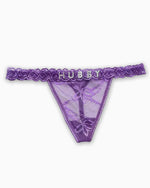 Personalised purple lace thong with custom rhinestone name